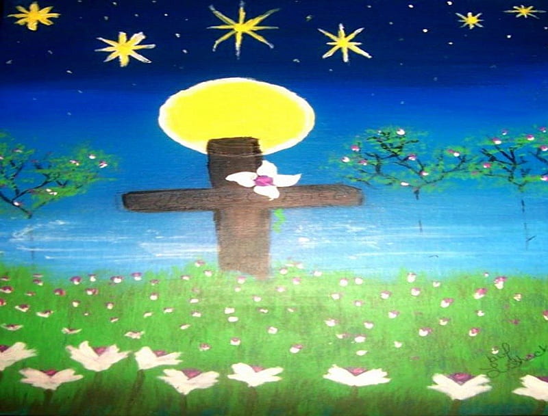Jesus Christ/ Field of lilies, Landscape, Cross, Jesus Christ, Flowers, Nature, HD wallpaper