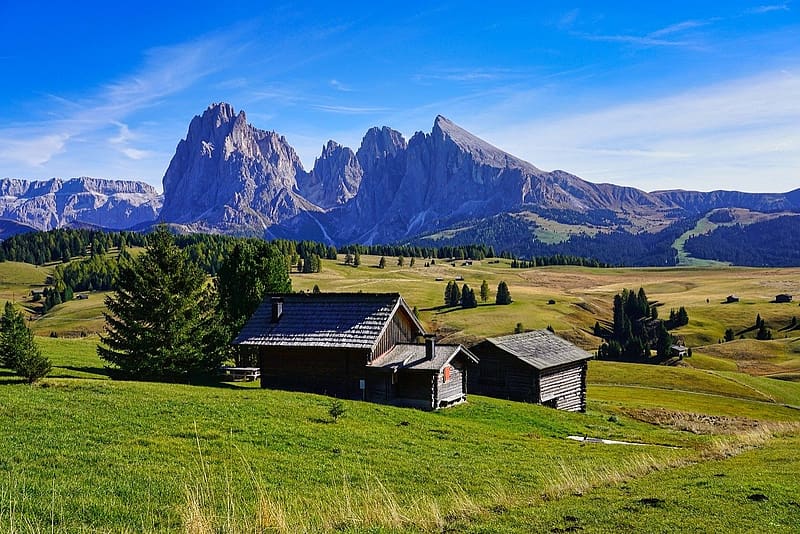 South Tyrol mountain huts, del tirol, tajkep, hegyi kunyhok, termeszet, alpesi ret, fak, alpok, hegyek, HD wallpaper