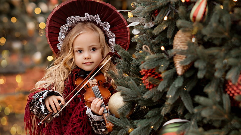 Cute Little Girl Is Playing Guitar Wearing Dark Maroon Dress And Hat Standing Near Decorated Christmas Tree Cute, HD wallpaper