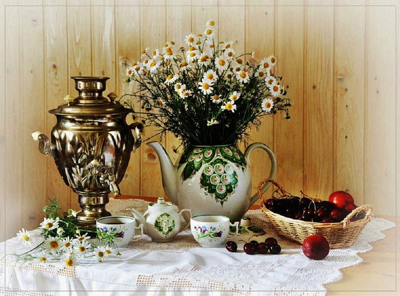 Table Setting of Tea and Daisies, daisies, flowers, cherries, tea pot, tea, cups, HD wallpaper