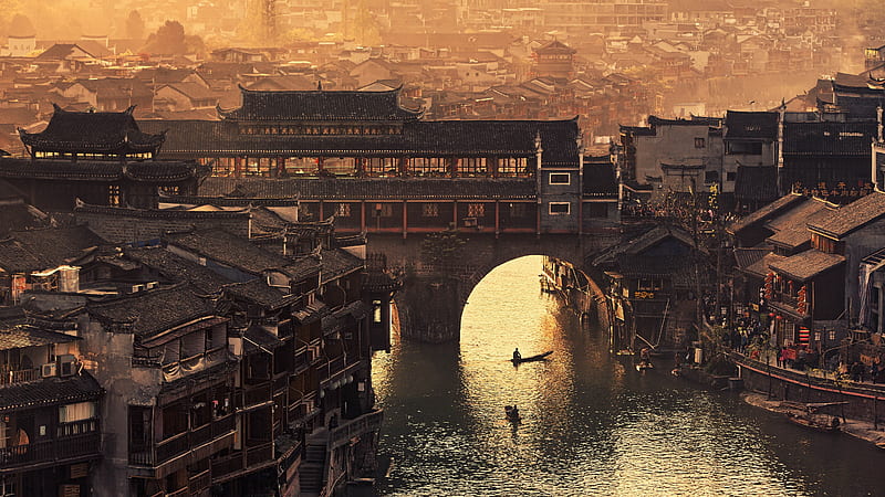 china, xiangxi, river, bridge, village, buildings, fenghuang, City, HD wallpaper