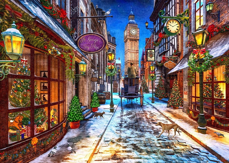 HD   Victorian London Christmas Cat Dog Street Dominic Davison Craciun Christmas Victorian Winter London Painting Pictura 