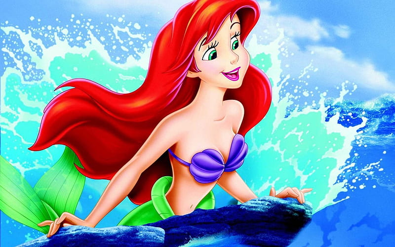 Ariel, luminos, redhead, mermaid, sirena, sea, fantasy, water, summer, princess, disney, blue, HD wallpaper