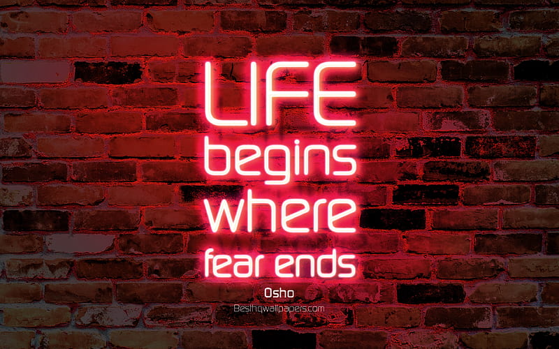 Life begins where fear ends purple brick wall, Osho Quotes, popular quotes, neon text, inspiration, Osho, quotes about life, HD wallpaper
