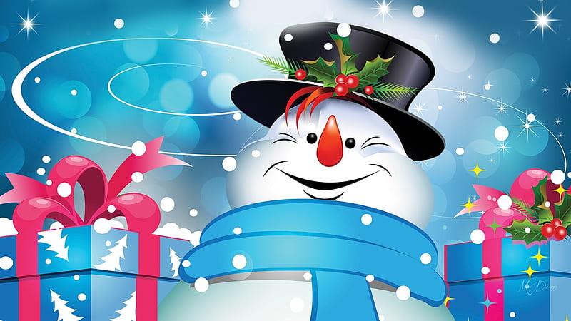 Happy Christmas Snowman, packages, presents, snowman, winter, gifts, Christmas, Feliz Navidad, holiday, smiles, happy, snow, HD wallpaper
