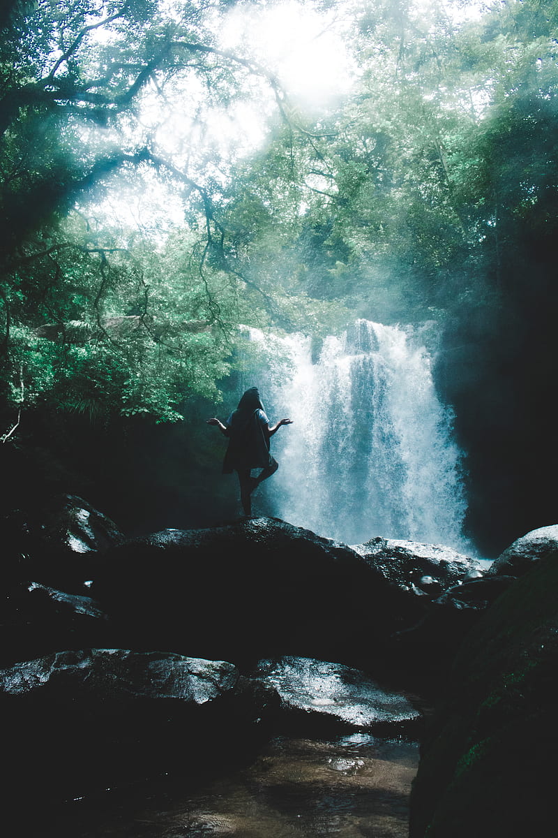 woman facing waterfall doing yoga, HD phone wallpaper