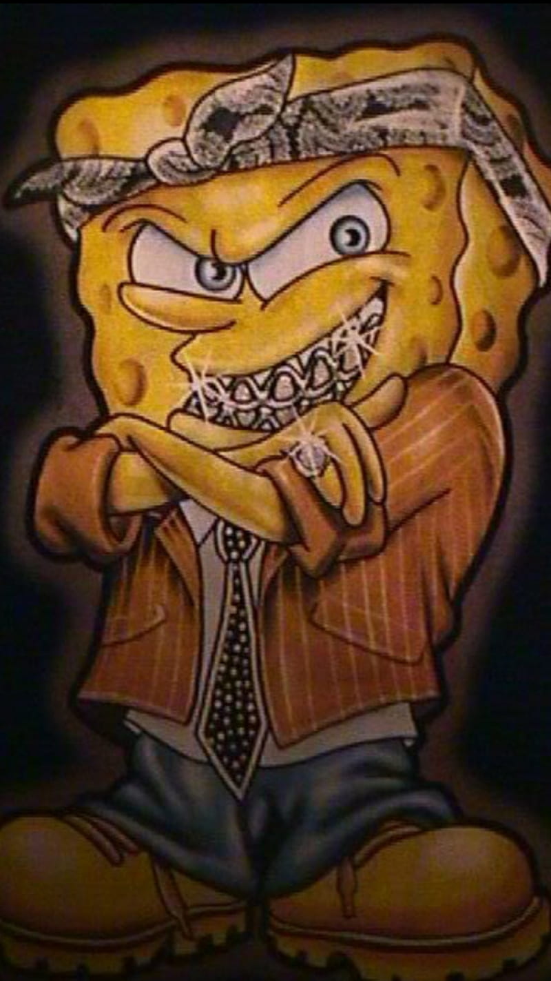 Gangsta Sponge Bob, 3d, gangsta sponge sponge bob, square pattern, trending, yellow, HD phone wallpaper
