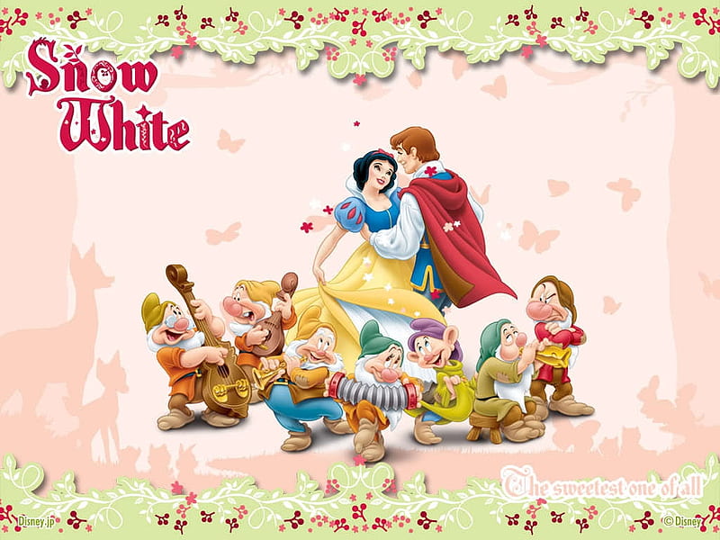 Snow White and the Seven Dwarfs, fantasy, snow white, gnome, dance, prince, dwarf, princess, couple, instrument, HD wallpaper