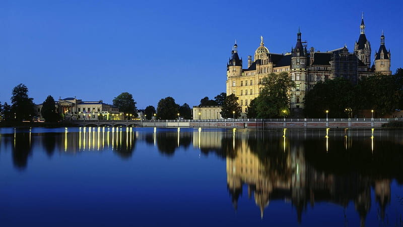Schwerin Castle,Germany, beach, medieval, river, sunset, reflection, castle, lake, HD wallpaper