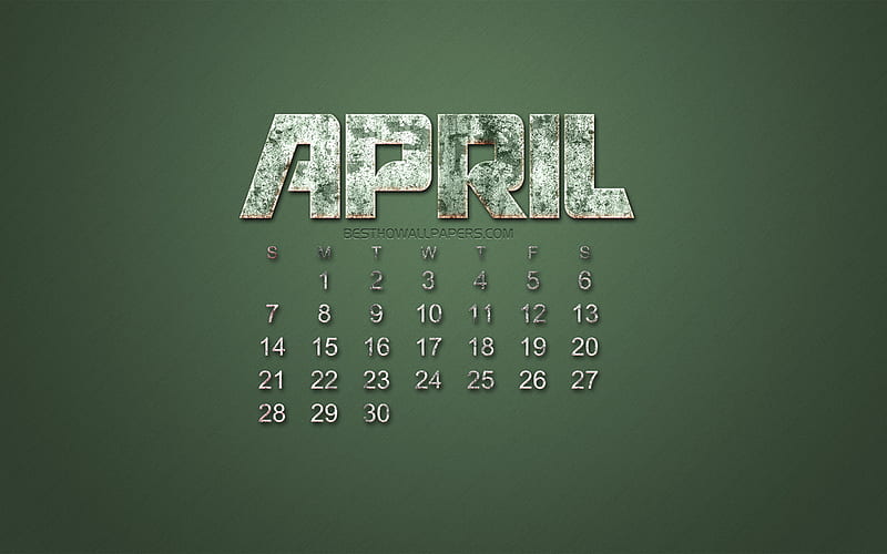 2019 april calendar, grunge style, green grunge background, 2019 calendars, april, creative stone art, april 2019 calendar, concepts, HD wallpaper