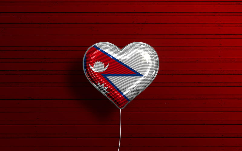 I Love Nepal realistic balloons, red wooden background, Asian countries, Nepalese flag heart, favorite countries, flag of Nepal, balloon with flag, Nepalese flag, Love Nepal, HD wallpaper