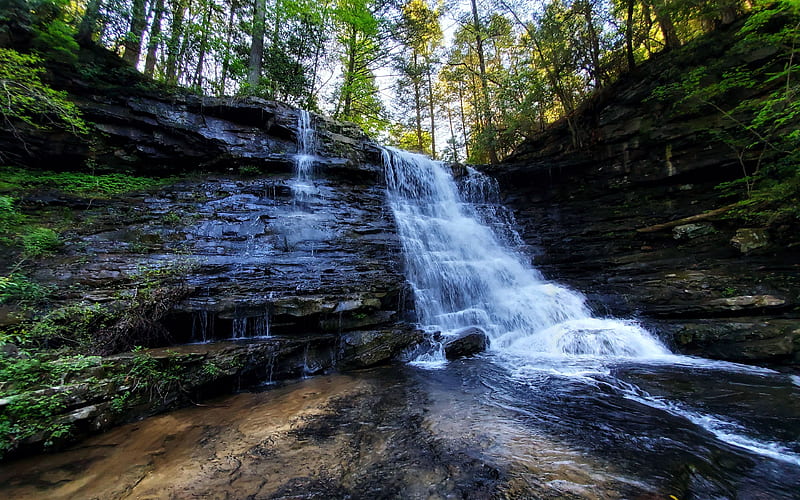 Boardtree Falls, Greeter Falls Trail, Tennessee, cascade, river, trees, usa, HD wallpaper