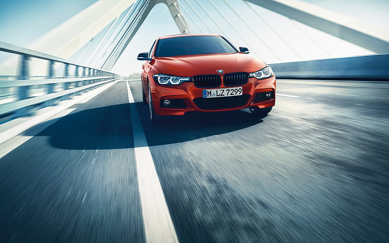 BMW 3-series, 2018, new m3, front view, bridge, traffic, speed, red sedan m3, German cars, bmw, HD wallpaper