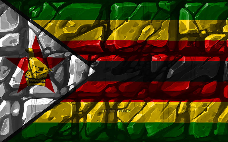 Zimbabwean flag, brickwall African countries, national symbols, Flag of Zimbabwe, creative, Zimbabwe, Africa, Zimbabwe 3D flag, HD wallpaper