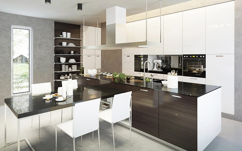 Modern kitchen, kitchen design, dark wood, minimalism, HD wallpaper