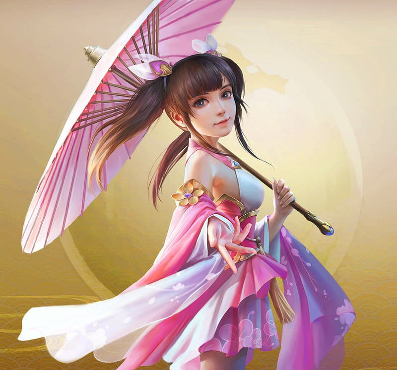 Xiao Qiao, parasol, pink, shuxian zhang, frumusete, luminos, yellow, umbrella, superb, fantasy, girl, blue, gorgeous, HD wallpaper
