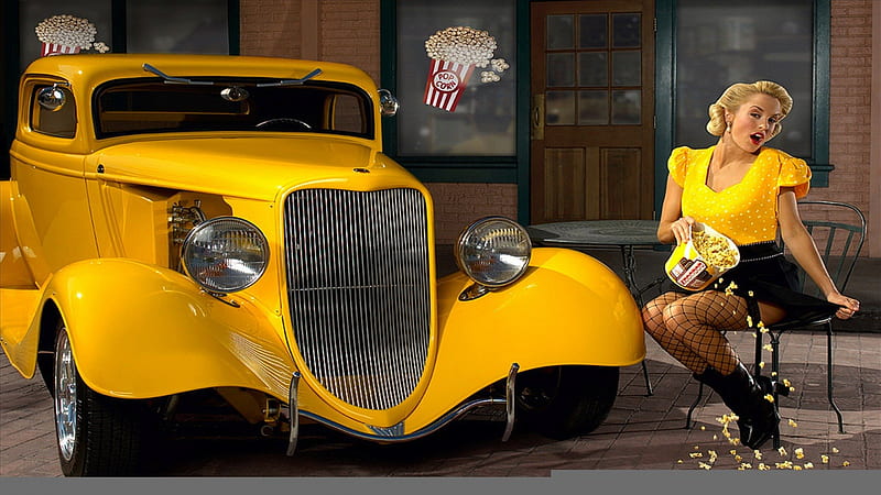 Popcorn, yellow, blonde, car, HD wallpaper