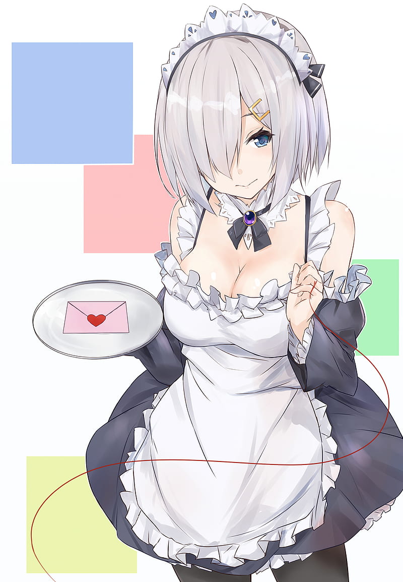 cleavage, Hamakaze (KanColle) , Kantai Collection, maid, maid outfit, pantyhose, white background, HD phone wallpaper