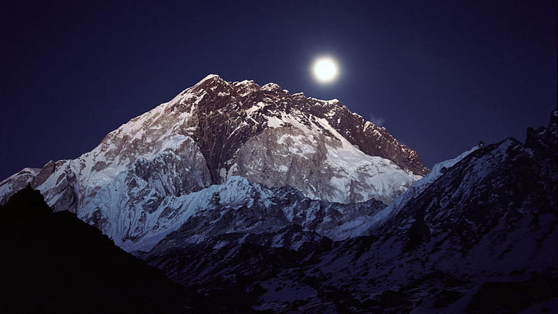 moon over mount nuptse nepal, moon, snow, mountian, night, HD wallpaper