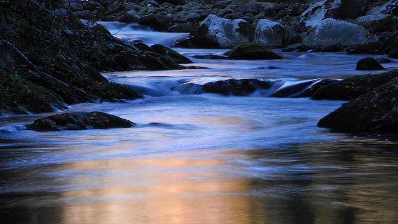 Water Reflections, Smoky Mountains Tennessee, river, rocks, sunset, usa, HD wallpaper