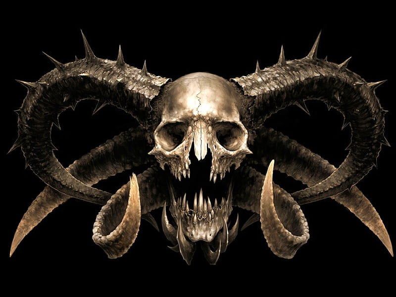 SKULL with HORNS, fantasy, cool, dark, bones, skull, horns, HD