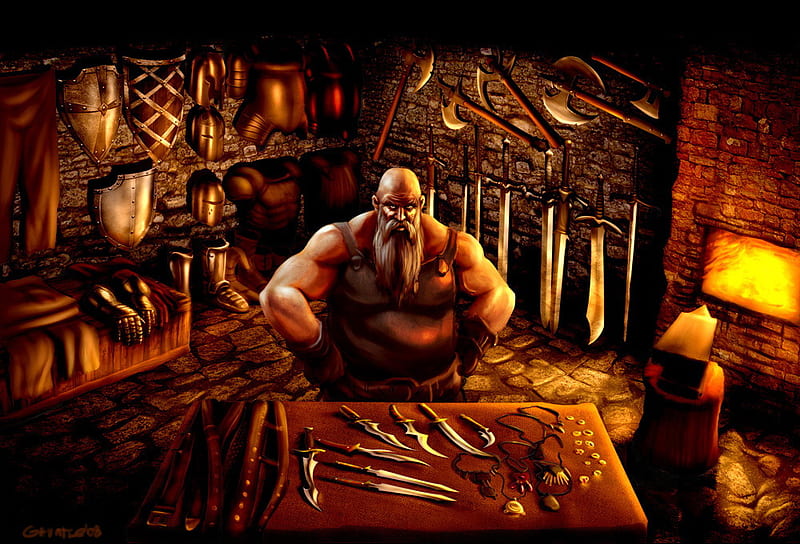 Blacksmith, weapons, shields, fantasy, abstract, smithy, HD wallpaper