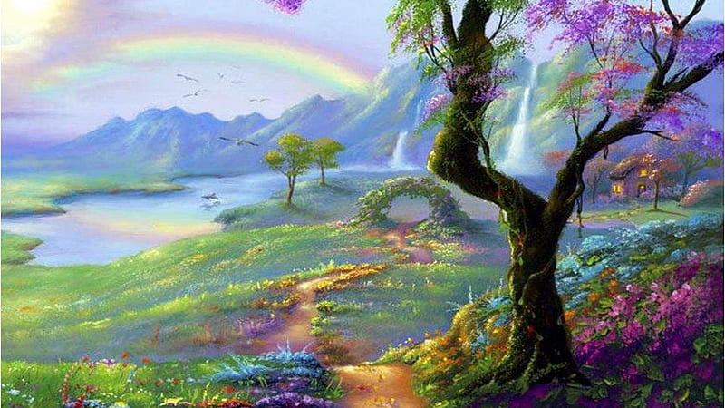 Rainbow Forest, colorful, forest, fantasy, rainbow, HD wallpaper