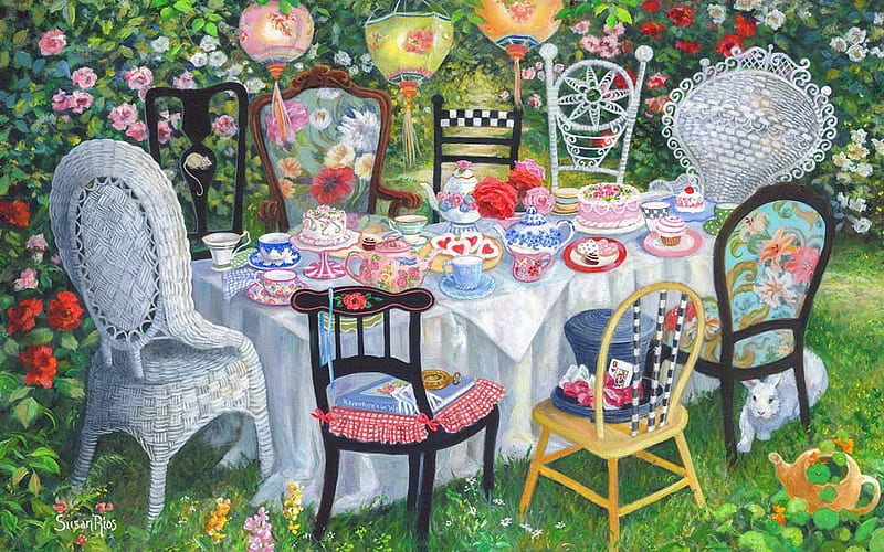 Where's Alice ?, cake, table, painting, garden, flowers, chairs, tea, HD wallpaper