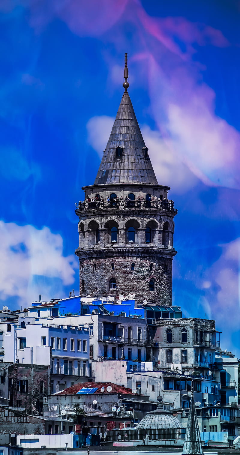 Galata tower, blue, city, istanbul, nature, rgb, sky, urban, HD phone wallpaper