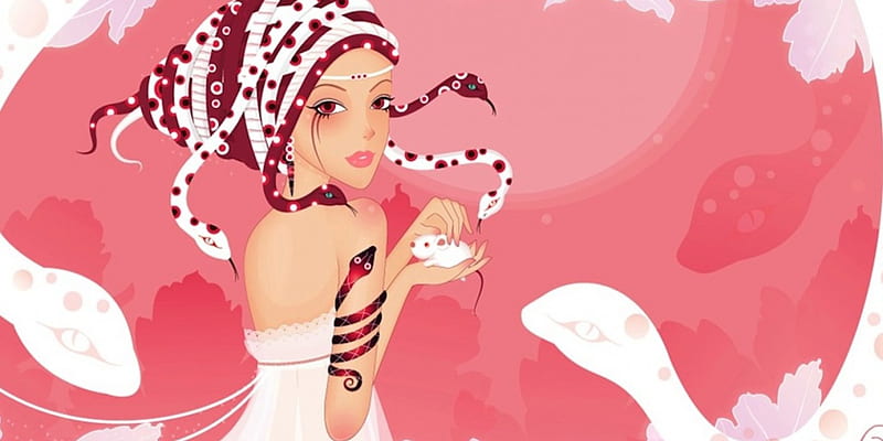 Soft Spot, girl, mouse, white, pink, head dress, snakes, HD wallpaper