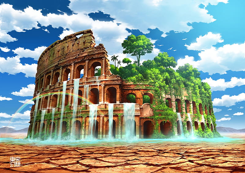 Colosseum, brown, tokyogenso, green, anime, manga, ruin, HD wallpaper