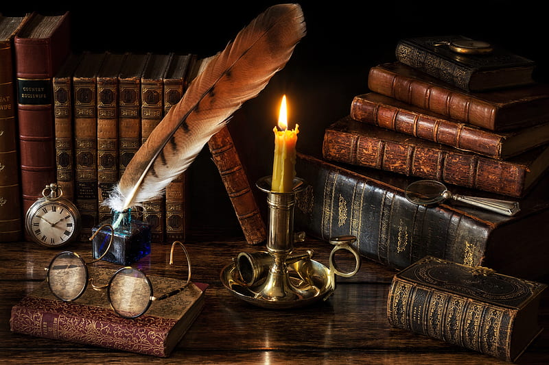 Pirates Study, candle, lit candle, ink, books, novels, reading glasses, ink pen, candle holder, pen, flame, magnifying glass, feather, timepiece, feathered pen, vintage, HD wallpaper