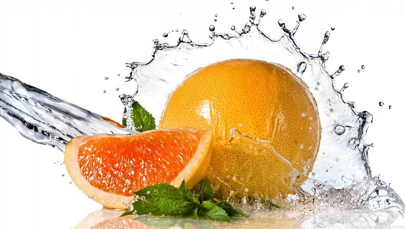 Orange and mint, mint, orange, fruits, eat, splash, graphy, close-up, tropic, food, fresh, water splash, abstract, water, macro, grapefruit, summer, HD wallpaper