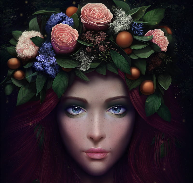Forest maiden, fruit, vasily gromov, forest, wreath, fantasy, flower, face, maiden, art, HD wallpaper