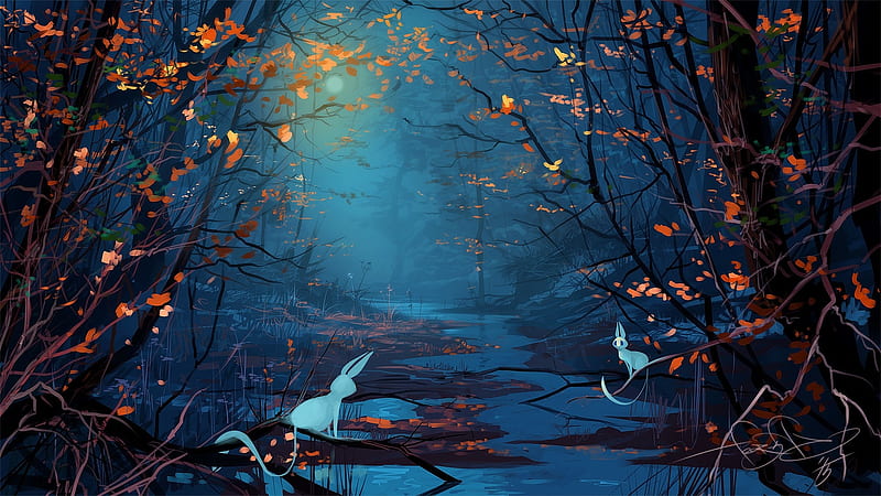 rabbits, stream, autumn, forest, digital art, Nature, HD wallpaper