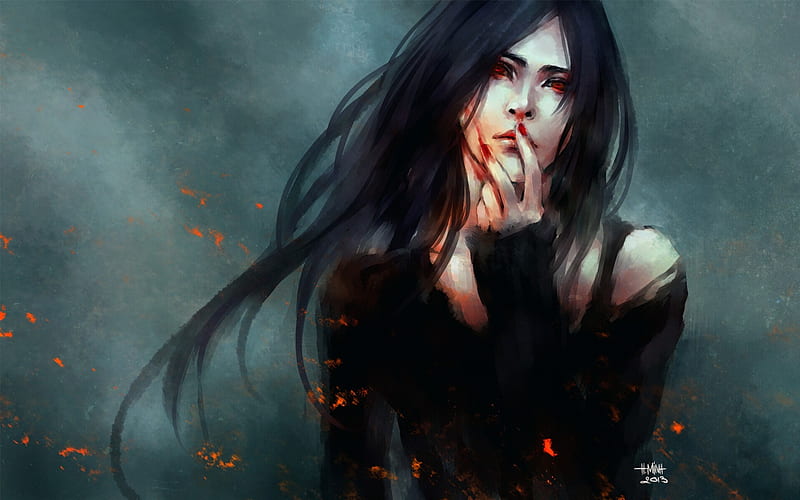 fantasy woman, black hair, red eyes, vampire, Fantasy, HD wallpaper