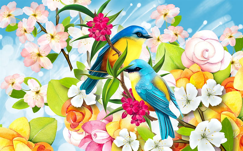 painted birds, blue-yellow birds, branch, drawing, art, spring flowers, with birds, HD wallpaper