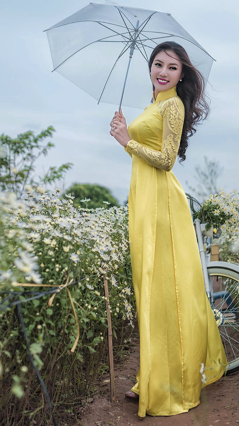 HD wallpaper pretty in yellow asian cute fashion girl long dress smile umbrella yellow dress
