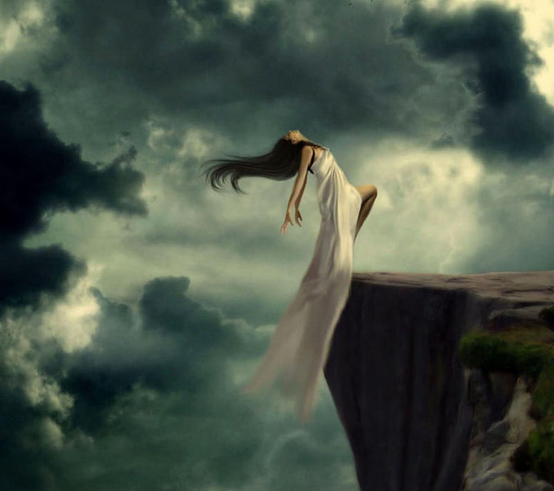 Dreams of Falling ~ Into Temptation, Cliff, Romantic, Gothic Art, On the edge, Dark Sky, Cloudy, Temptation, Ominous, Dream, Falling, Lady in White, HD wallpaper