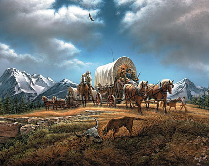 Settlers, prairie schooner, treck, mountains, eagle, America, horses, dog, landscape, HD wallpaper