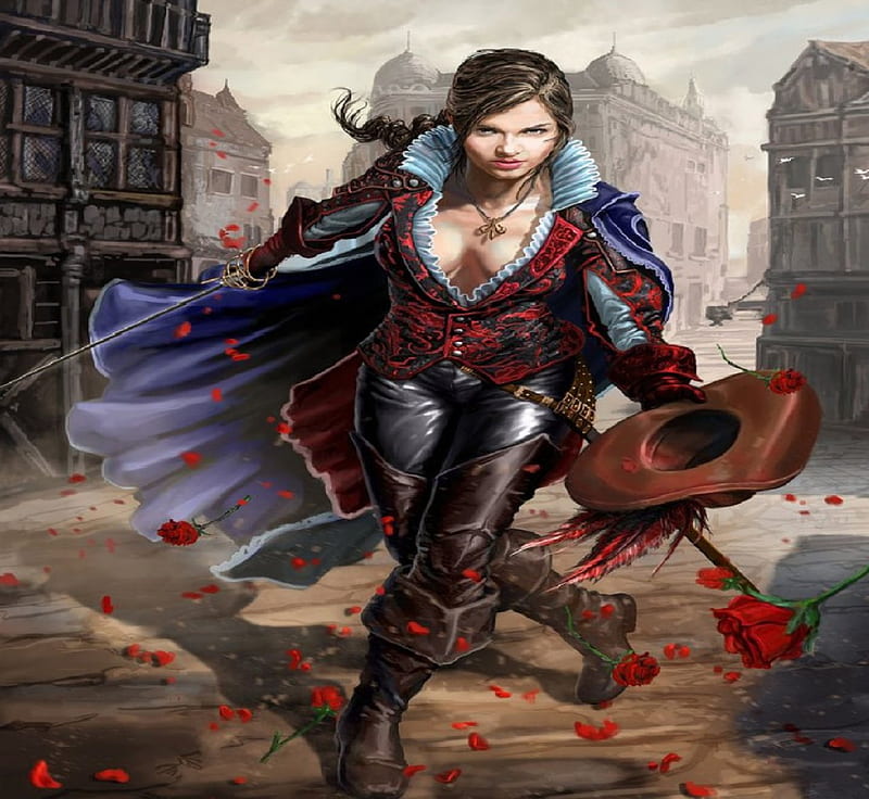 Taking A Bow, musketeer, fantasy, roses, woman, sword, HD wallpaper