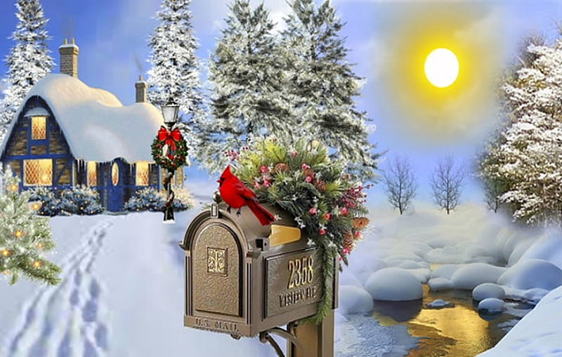 Christmas is coming, colorful, sun, cottage, christmas, bonito, xmas, winter, spirit, nice, splendor, peaceful, color, nature, season, landscape, HD wallpaper