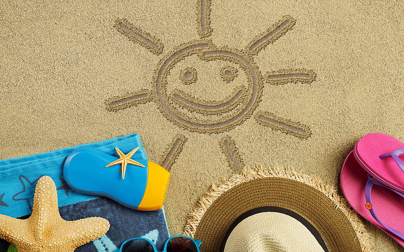 summer travel, beach, sand, beach accessories, travel, HD wallpaper