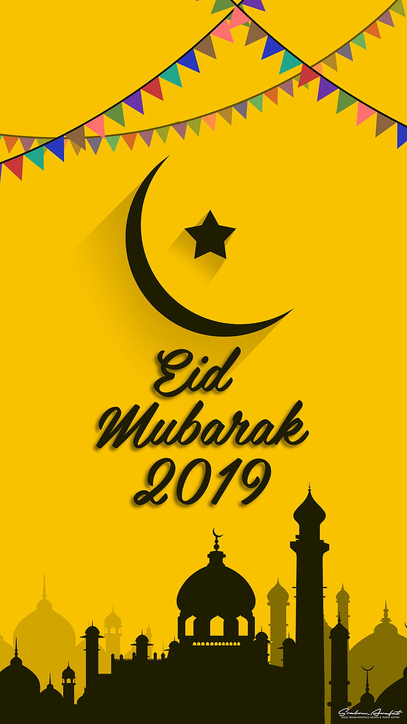 Eid Mubarak, dark yellow, eid, eid 2019, eid wallpapaer, half moon ...