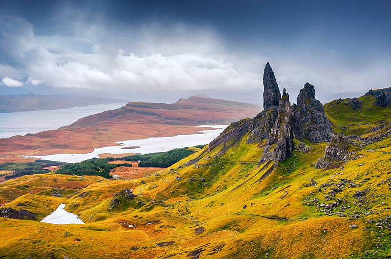 Scottish Highlands, rocks, hills, clouds, landscape, HD wallpaper