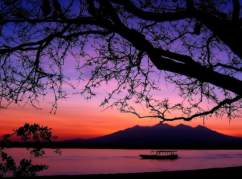 In the morning-gili-trawangan_Indonesian, tree, ship, sunsets, colors, nature, morning, HD wallpaper
