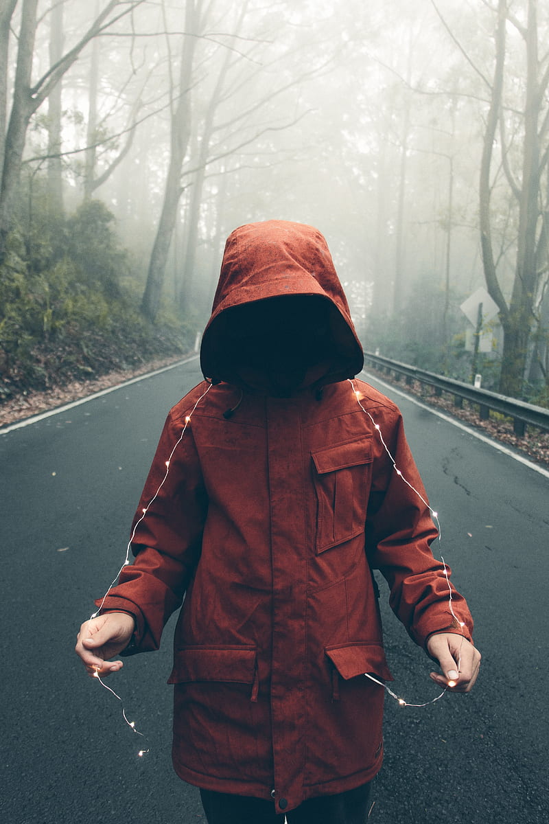 red coat, alone, outdoors, road, hoods, frontal view, HD phone wallpaper