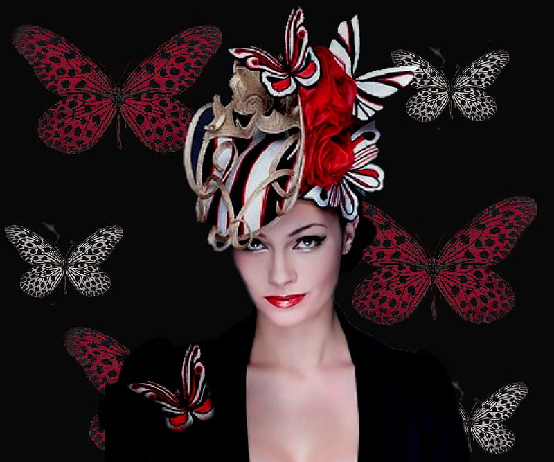 Red on Black Butterfly Headress, red, artistic, pretty, female, stripes, lovely, dots, black, bonito, butterflies, creative, woman, girl, feminine, red on black, gorgeous, HD wallpaper