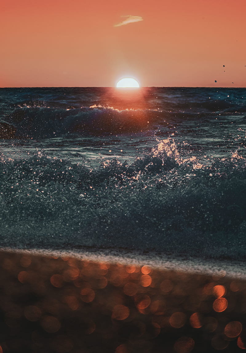 sea, sunset, waves, spray, water, HD phone wallpaper
