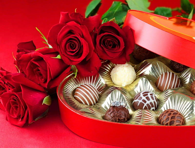 Red roses and chocolate, red, candy, chocolate, flowers, box, gift,  abstract, HD wallpaper | Peakpx